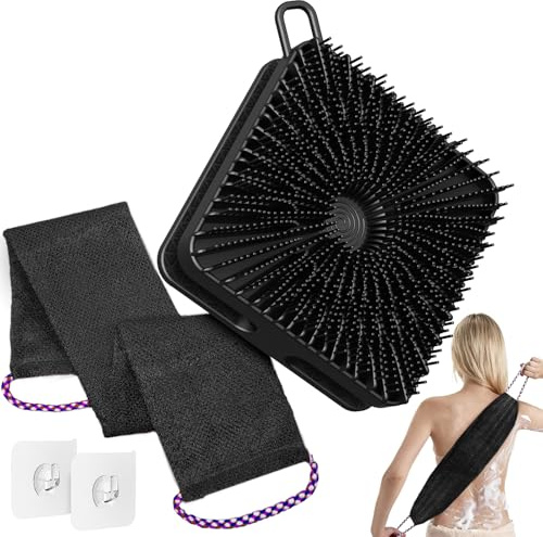 Manmihealth Dual-Sided Silicone Body Scrubber Scalp Massager & African Bath Sponge Net Set, 2-in-1 Silicone Shower Shampoo Brush Africa Wash Net Combination, Lather Well, Strong Exfoliating (Black)