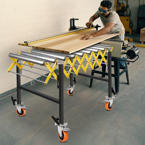 30”-50” Adjustable Roller Conveyor Stand, 1000lbs Capacity with Conveyor Rollers and Outfeed Roller for Table Saw, Warehouse and Woodworking (Yellow 50MM)
