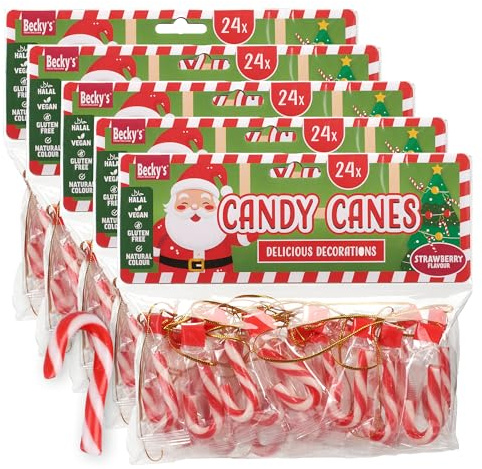 Mini cannes en sucre lot de 5 – 24 pièces de 4 g – décoration de Noël avec ruban doré – idéal pour calendrier de l’Avent, Saint-Nicolas, fêtes, goûters & cadeaux – petites cannes au goût fraise