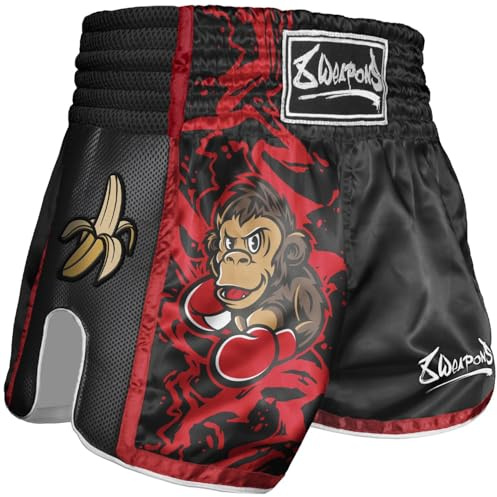 8 WEAPONS Muay Thai Shorts Joe, Kinder Thaibox Shorts Satin, Schwarz-Rot, Kickboxhose für Kinder, Größe 4-6 Jahre, Atmungsaktiv, Langlebig, Kampfsporthose MMA, K1, Boxen, Thai Boxen