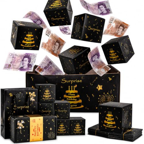 Birthday Surprise Explosion Gift Box with 16 Pop-up Boxes, Luxury Black & Gold Hot Stamping DIY Photo Box for Men Dad Husband Boyfriend, Automatic Money Ejection Box for Party Celebration (Black)