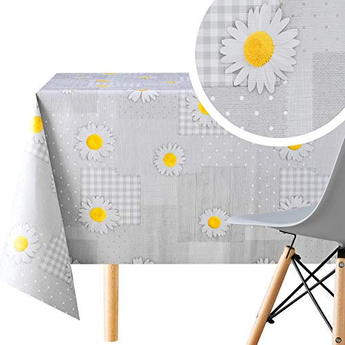 KP HOME PVC Wipe Clean Table Cloth Rectangular 200x140 cm / 78x55 In - Wipeable Tablecloth up to 6 Seats Waterproof Plastic Cover Kitchen Vinyl Oilcloth Grey Daisy Chamomile Flower Patchwork Design