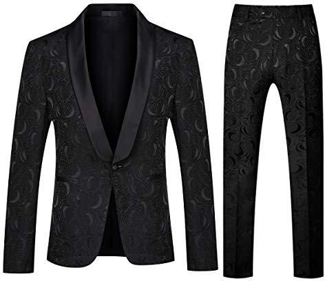 YFFUSHI Men's 2 Piece Jacquard Suits Tuxedo 1 Button Shawl Collar Party Dinner Wedding Suit Black