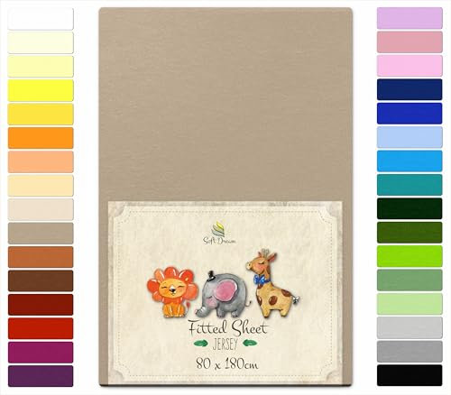 Soft Dream Spannbettlaken 80x180 cm Cappuccino - 100% gekämmte Baumwolle Jersey - Premium Qualität - Spannbetttuch für Kinderbett Juniorbett - OekoTex Zertifiziert - Made in EU - 80x180cm Cappuccino
