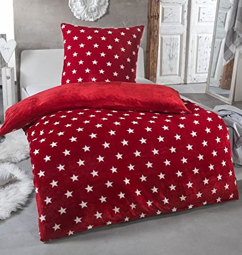 MALIKA Warme Winter Plüsch Sterne Wende-Bettwäsche Nicky-Teddy 'Cashmere Touch' Coral Fleece viele Farben & Größen, Farbe:Weinrot, Größe:135 x 200 cm