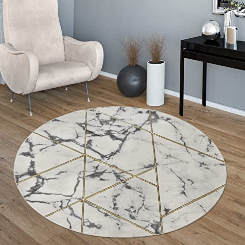 Paco Home Teppich Wohnzimmer Kurzflor Modernes Marmor Design Geometrisch Grau Gold, Grösse:200 cm Rund