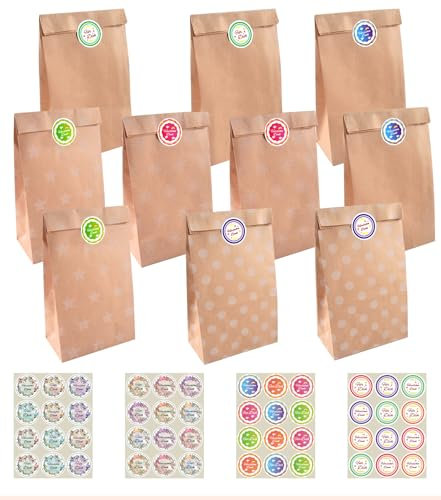 Ihaspoko 20 Stück Papiertüten, mit 48 runden Aufklebern, Geschenktüten aus Kraftpapier für Hochzeit, Geburtstag, Partyzubehör und Geschenke, 5,1x3,1x9,4 Zoll