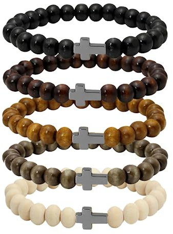 JAZTAKU Wooden Beaded Bracelets with Cross 8MM Elastic Mala Prayer Bracelet for Women Men