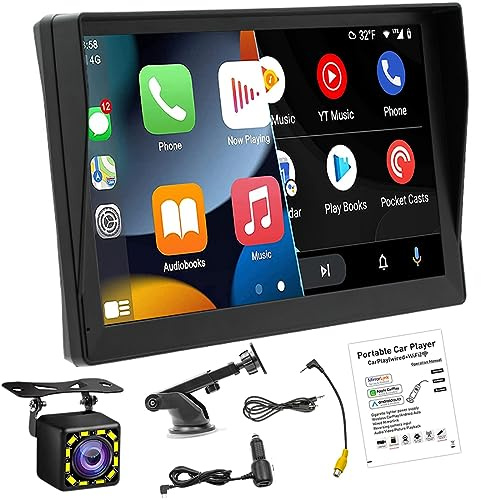 Portátil autoradio inalámbrico Apple CarPlay y Android Auto Car con parasol, monitor de pantalla táctil de 9 Estéreo automóvil Bluetooth con cámara de respaldo, DVR, Mirror Link / FM /AUX Transmitter