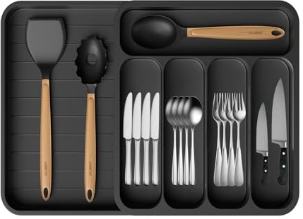 Expandable Cutlery Drawer Organizer for Kitchen - Adjustable Flatware Silverware Tray for Spoons, Forks, Knives, Utensils - Compact and Durable