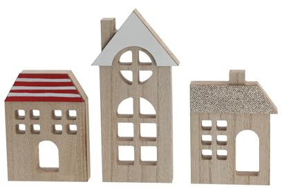 Spetebo Holz Dorf zum dekorieren 3er Set - Natur - Weihnachts Stadt Häuser Set - Holzhaus Winter Deko Figur Aufsteller Tischdeko Weihnachtsdeko