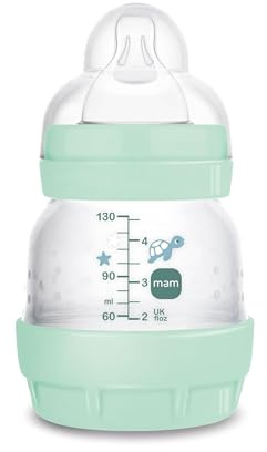 MAM Biberon Easy Start 130 ml, Biberon anticolica per allattamento misto che riduce le bolle d'aria e il rischio di coliche, Accessori neonati autosterilizzanti e con tettarella misura 0, Verde