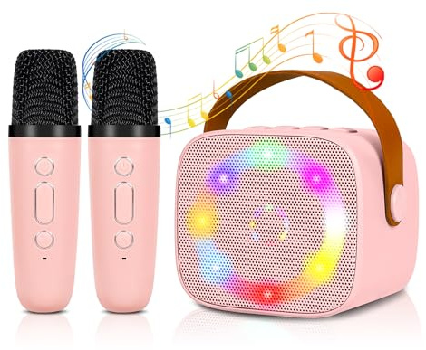 Micro Karaoke Enfant sans Fil avec 2 Micro, Portable Karaoké Bluetooth avec LED et Effets de Changement de Voix Jouets de karaoké pour Enfants et Adultes HiFi Mini Microphone Karaoké Complet (Rose)