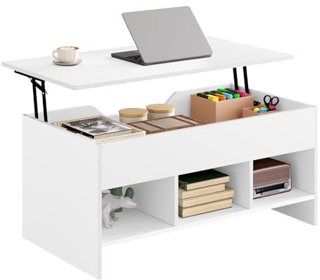 WOLTU Couchtisch mit Hebeplatte, Beistelltisch höhenverstellbar, Kaffeetisch Wohnzimmertisch Sofatisch ausziehbar, Lift-Top-Tisch weiß, mit versteckem Stauraum, aus Holzwerkstoff