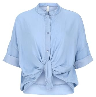 Malito – dam överdimensionerad blus – denimblus med knutdetalj – hudvänlig blus i jeans-utseende – kortärmad jeansblus 2309, Ljusblå, 34-40