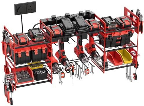 Power Tool Organizer with 6 Way Extension Lead,Large Tools Charging Station,8 Power Drill Tools Heavy Duty Drill Holder Wall Mounted Rack Utility Metal Tool Shelf Storage Organiser for Garage (Red)