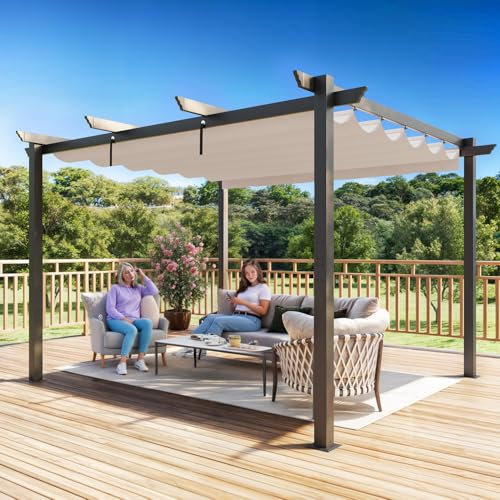 EROMMY 3x3.6m Metal Pergola,Outdoor Metal-Freestanding Shelter with Retractable Roof,with Adjustable Sun Shade Canopy for Patios, Beige