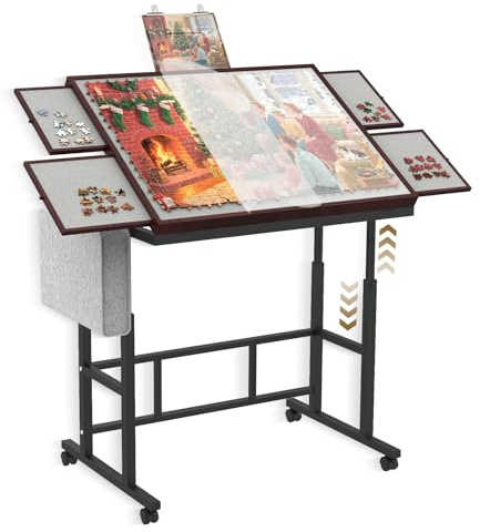 Jigsaw Puzzle Table 1500 Pieces with Legs & Storage Pocket, Height Adjustment & Tilting Puzzle Table for Adults with Drawers, Jigsaw Puzzle Board with Cover and Wheels for All Ages (Coffee Color)