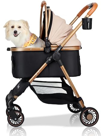 3-in-1 Pet Stroller for Small Dogs & Cats up to 33lbs, One-Touch Fold 4-Wheel Cart with Removable Carrier, Rear Brake & Storage Basket