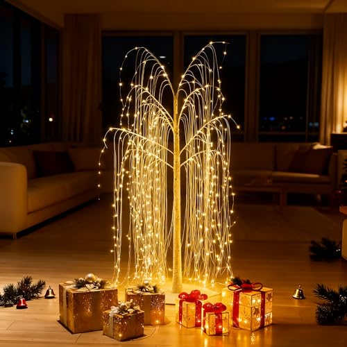 CCLIFE Arbre Lumineux Interieur LED de Noel Extérieur Lumineuse avec Fonction de Mémoire, Lampe Willow, Blanc Chaud, IP44, 180cm, 360 LED, CushHom