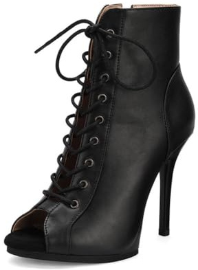 HIPPOSEUS Botas de Baile Negro para Mujer Zapatos Punta Abierta Botines de Tacón Alto 11cm para Bailar con Cierre con Cordones y Cremallera Trasera,38 EU