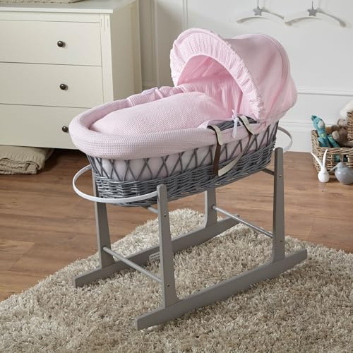 For Your Little One Wicker Moses Basket with Rocking Stand, 83 x 49 cm, Hand-woven Natural, Hypoallergenic Mattress Grey Wicker/Waffle Design (Pink)