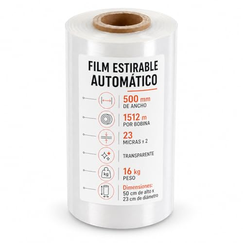 Film Estirable Automático Transparente 500 mm x 1512 m – Bobina Industrial 16 kg – 23 Micras ±2 – Plástico Stretch Film para Enfardadora Automática, Paletizado, Embalaje y Logística Profesional