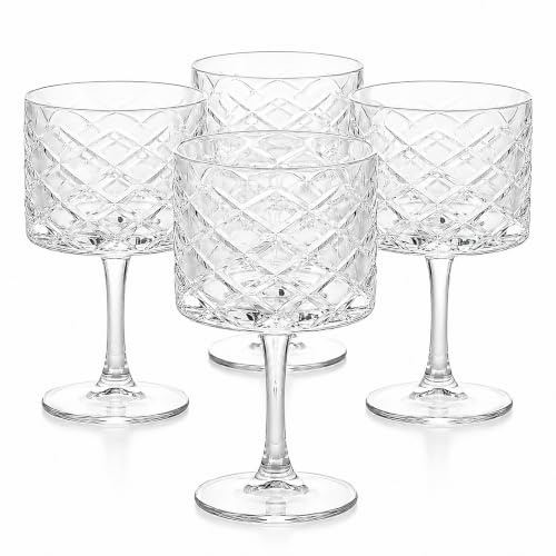 Pack de 4 Copas de Cristal Tallado 500 cc, Copas Gin Tonic y Cóctel con Relieve Diamante, Copa Transparente con Pie para Combinados, Agua, Postres y Bebidas, 20 cm Alto