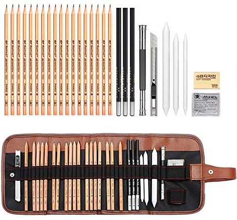 AIPLUX Sketching Pencil Set, 29 Piece Professional Sketching & Drawing Art Kit with Carrying Bag for Artist, Kids, Beginners - Includes Graphite Pencils, Charcoal Pencils, Paper Erasable Pen etc