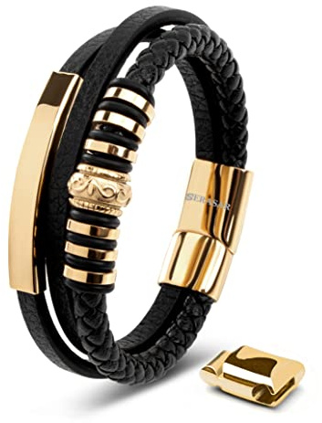 SERASAR Bracciale Uomo Oro 20cm Braccialetto Cuoio Aggiustabile Regolabile Magnetico Bracciali Braccialetti Perline Bigiotteria Bracialetto Cinturino Braciale Bambino Bracelet Corda Braciale Nere