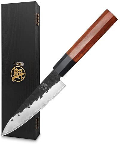MITSUMOTO SAKARI 5.5 inch Japanese Paring Knife, Hand Forged 3-Layer 9Cr18MoV High Carbon Steel, Professional Small Kitchen Knife with Rosewood Handle & Sandalwood Box