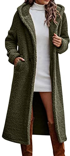 Kort kappa dam, damkappa fuskpäls ull för långärmad jacka med huva långa ytterkläder elegant enfärgad öppen kofta kvinnor mode teddy-fleece rock varm pälskappa, X02-armégrön, S