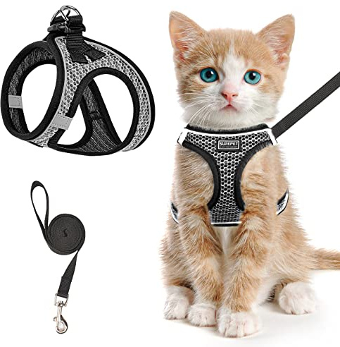 Cat Harness and Leash for Walking Escape Proof, Adjustable Kitten Vest Harness Reflective Soft Mesh Puppy Harness for Outdoor, Comfort Fit, Easy to Control (Gray, XS)