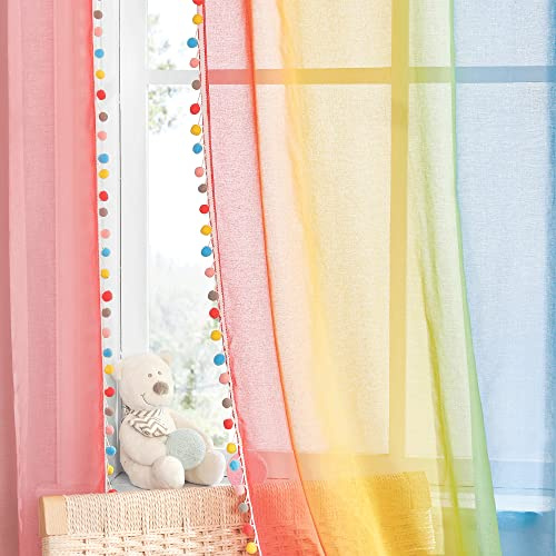 NICETOWN Cortinas Salon Transparentes 2 Piezas Cortinas Degradadas para Habitacion Infantil Cortinas y Visillos con Pompones de Colores Cortinas Dormitorio Niña, 132x220 cm(AnchoxAlto)