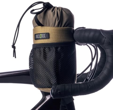 PACK2RIDE Bongo Bike Handlebar Bag - Water Resistant & Durable Fabric Bicycle Water Bottle Holder, Secure Attachment Bikepacking Stem Bag, One-Handed Access Feed Bag, Front Cycling Storage - Coyote