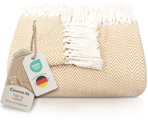 Gräfenstayn Premium överkast med fransar – 100 % bomull – 220 x 240 cm – fiskbensmönster sommarfilt – bomullsfilt som sängskydd, sofföverkast, soffskydd (beige)