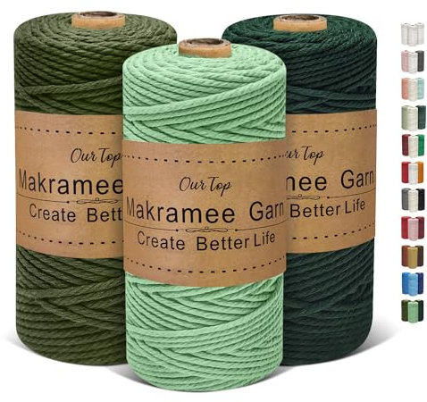 OurTop Hilo Macrame 3mm x 100m, Juego de 3 Cuerda Macrame Cordon Macrame Hilo de Macramé para Manualidades, Colgar de La Pared, Decoración Bohemia(Verde Alga, Verde Oscuro, Verde Militar)