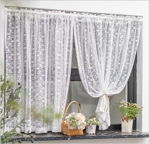 Yaland Jacquard Scheibengardine Landhausstil Gardine mit zarten Streifen Blumen Muster Bistrogardine mit Stangendurchzug 1 Stück Weiß BxH 150x100cm