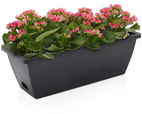 DKIEI 5 Pcs Large Flower Planter Outdoor Plastic Vegetable Plant Pot With Drainage Holes & Tray, Rectangle Trough Planters For Succulent & Herbs, Window Long Pots For Balcony (Grey 42.5 * 17 * 15Cm)