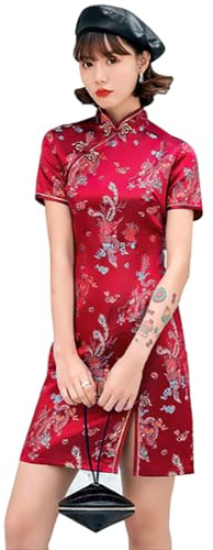 ZNLFS Cheongsam klänning bodycon mandarin krage kortärmad smal passform sidoslits blommönster drake mini Qipao, Vinröd drake, 40