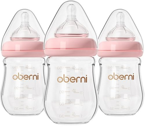 Oberni Anti-Colic Glass Baby Bottles with Slow Flow Breast-Like Silicone Teat, 150ml, 0+ Months, Wide-Neck, Pink/3Pack
