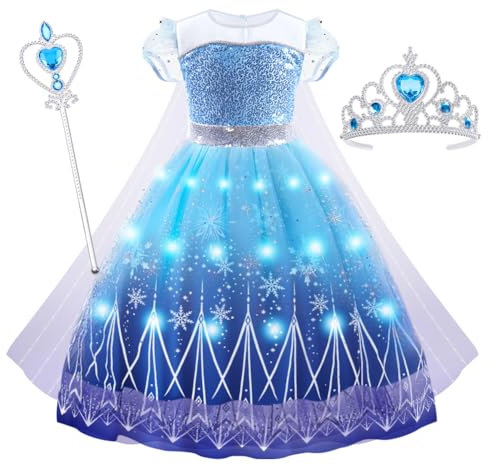 AUYAO LED Light up Robe Princesse Fille, Elsa Costume Déguisement de Cape Elsa Lumineux, Costume Princesse avec Accessoires de Baguette Magique Couronne Fête d'Anniversaire Halloween Noël Cosplay(150)