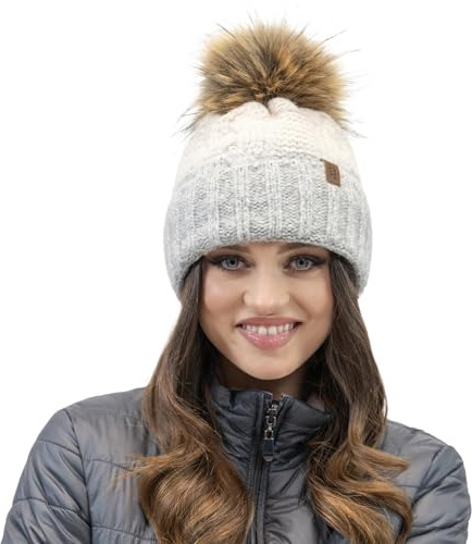 VIVISENCE Winter Damen Mütze Mit Bommel Perfekte Passform Warmes Bommelmütze Weichem Warmem Garn Mit Antistatischem Fleecefutter Ideal Für Herbst Und Winter Modell 70101, Hellgrau,Einheitsgröße