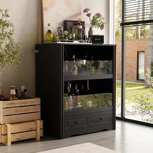 PREMTURE Wine Bar Cabinet with 2 Glass Panels, Drinks Cabinet with 2 Drawers, Sideboard Buffet Storage Cabinet, Freestanding Display Cabinet for Living Room Dining Room, Black