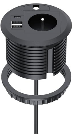 Prise Encastrable avec USB C PD20W, Dinolink Multiprise Encastrable avec 1 Prise, 1 Port USB C, 2 Port USB A, Multiprise Bureau pour Plan de Travail, Cuisine, Bureau, Meubles, Ø 80MM, 2M Câble, Noir