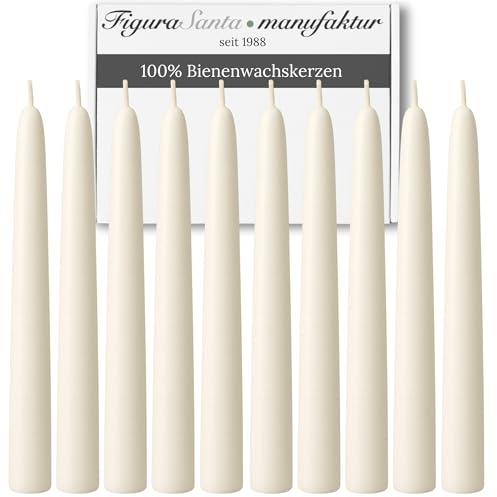 Figura Santa Bienenwachskerzen, Stabkerzen aus 100% Bienenwachs, Handgefertigt seit 1988, Dinner Kerzen, natürliche Spitzkerzen 10er Set (Altweiß)