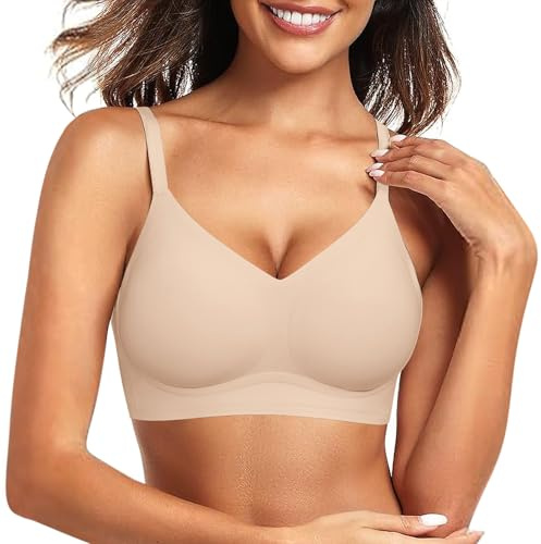 Xnova Soutien Gorge sans Armature Femme Brassière Push up Rembourré Minimiseur Sexy Col en V Comfit Bralette sans Coutures avec Bretelles Spaghetti, Beige, XL