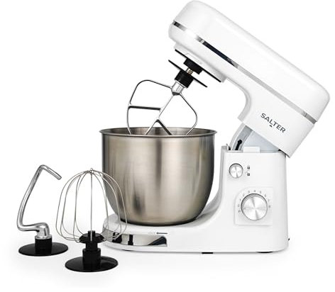 Salter Boston Stand Mixer – Electric Food Kitchen Mixer, 5L Stainless Steel Mixing Bowl, Includes Dough Hook, Wire Whisk, Beater & Splash Guard, 8 Speeds & Pulse Function, 1300W, Ice White Shimmer