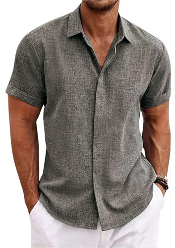 PADOLA Camicia in Lino Uomo Camicie con Collo Botton-downa Maniche Corte e da Spiaggia Slim Fit Estiva Estate Casual(M,Grigio)