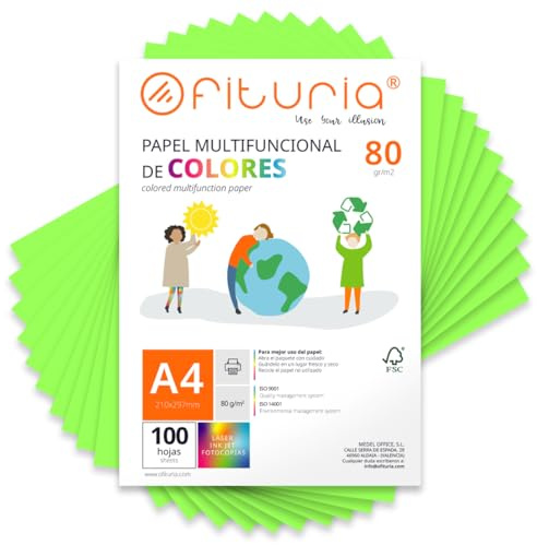 Färgade ark, förpackning 100 A4-ark 80gr - färgat papper för hantverk, skrivare, scrapbooking - färgglada blad - perfekt för origami, vikning, kontor och skola (Flúorgrön, 100 h)